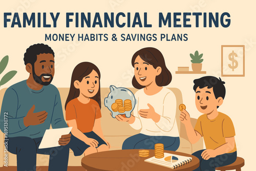 Family Financial Discussion. Banner of family financial meeting with kids present, discussing money habits and savings plans.