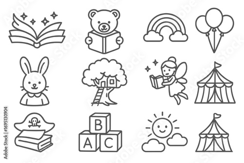 Children's Books Icons. Line style icons of children’s novels: flying book with stars, teddy bear reading, rainbow over pages,