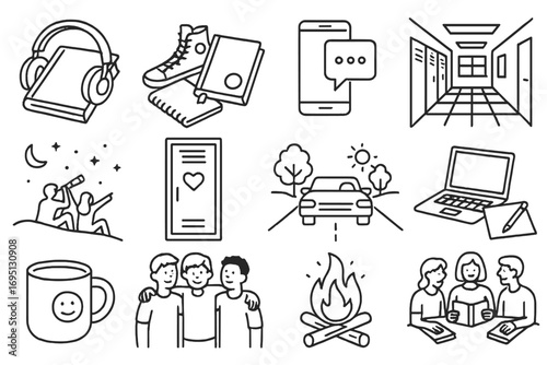 Young Adult Icon Montage. Line style icons of young adult novels: headphones on book, sneakers with journal, text message overlay,