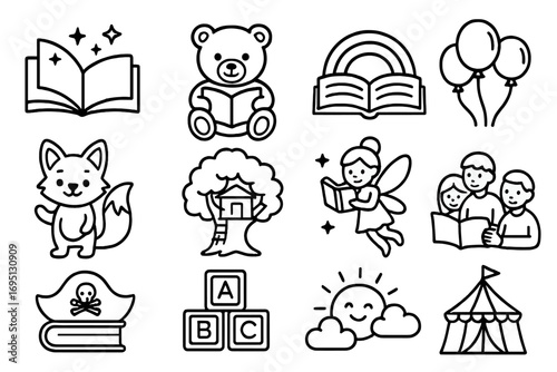 Children's Books Icons. Line style icons of children’s novels: flying book with stars, teddy bear reading, rainbow over pages,