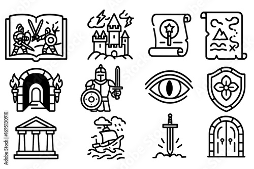 Epic Novel Icons. Line style icons of epic novels: battle scene on cover, castle in storm, scroll with prophecy, hero’s path map;