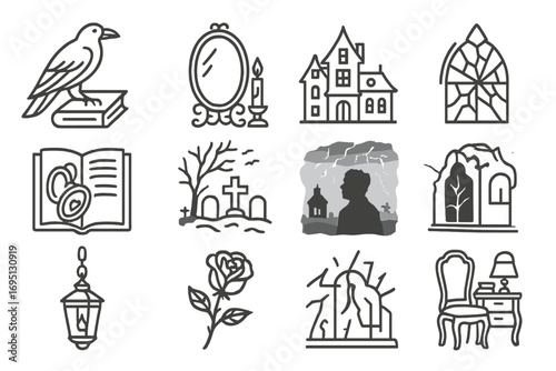 Gothic Novel Icons. Line style icons of gothic novels: raven over book, candlelit mirror, cracked stained glass, Victorian mansion