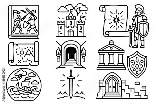 Epic Novel Icons. Line style icons of epic novels: battle scene on cover, castle in storm, scroll with prophecy, hero’s path map;