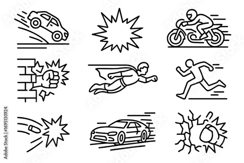 Action Comics Icons. Line style icons of action comics: car flip in panel, explosion burst, speeding motorcycle, crashing punch;