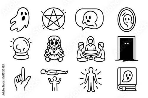 Paranormal Comic Icons. Line style icons of paranormal comics: floating spirit, glowing pentagram, whisper bubble, mirror