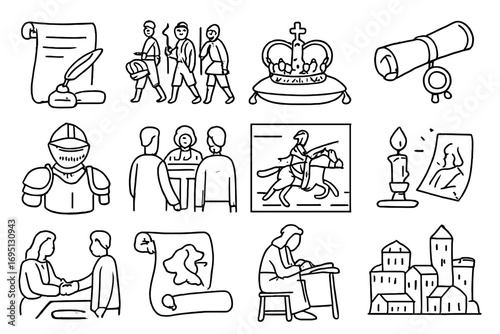 Historical Comic Icons. Line style icons of historical comics: scroll with ink, battle march, crown on velvet, scroll stamp;