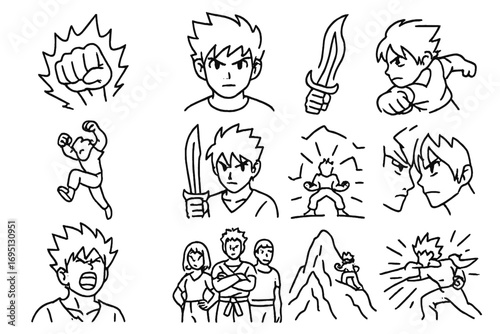 Shonen Manga Icons. Line style icons of shonen manga: clenched fist with aura, determined face, epic punch motion, hero leap;