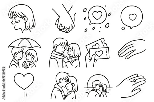 Romantic Manga Icons. Line style icons of romance manga: blushing profile, hand holding scene, petal shower, love bubble; shared