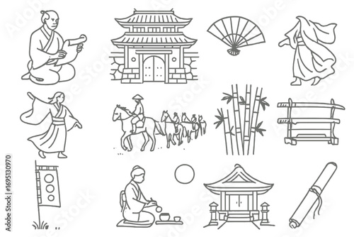 Historical Manga Icons. Line style icons of historical manga: samurai with scroll, old town gate, traditional fan, kimono flutter;