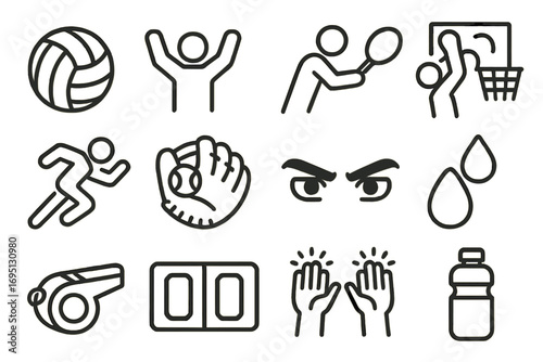Sports Anime Icons. Line style icons of sports anime: spiked volleyball, goal celebration, tennis swing, basketball dunk; race