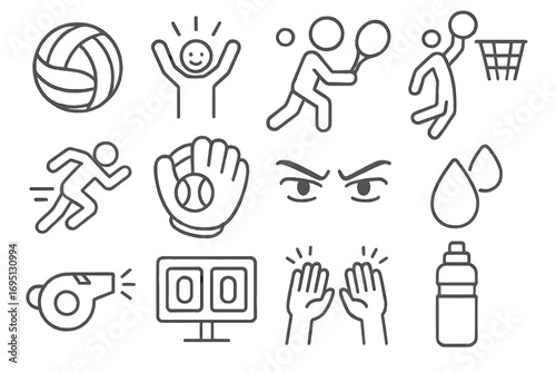 Sports Anime Icons. Line style icons of sports anime: spiked volleyball, goal celebration, tennis swing, basketball dunk; race
