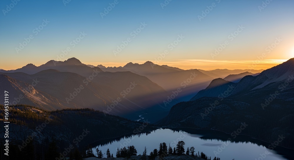 Obraz premium Majestic mountain landscape at sunrise and sunset, with morning mist and evening fog over the valleys
