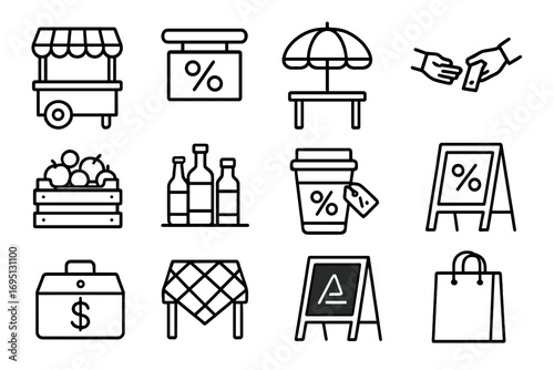 Street Vendor Icons. Line style icons of street vendor deals: portable stall, discount sign, umbrella setup, vendor handoff; fruit