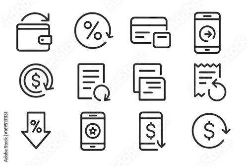 Cashback Icons Design. Line style icons of cashback deals: wallet with arrow, percentage return icon, card swipe, phone cashback
