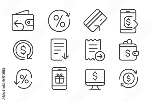 Cashback Icons Design. Line style icons of cashback deals: wallet with arrow, percentage return icon, card swipe, phone cashback
