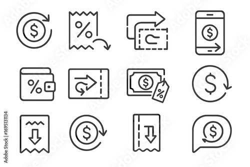 Cashback Icons Collection. Line style icons of cashback coupons: coin with arrow, cash receipt with discount, refund icon on