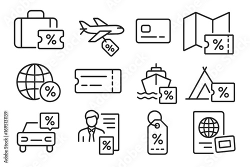 Travel Icons Collection. Line style icons of travel coupons: suitcase and ticket, plane with offer tag, hotel keycard with barcode