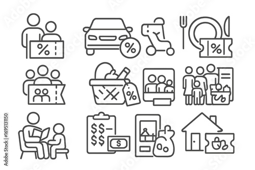 Family Coupon Icons. Line style icons of family coupons: parent and child with coupon, family car with percent icon, home dinner