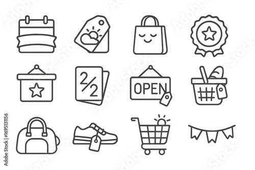 Weekend Deals Icons. Line style icons of weekend deals: calendar with weekend ribbon, sun and cloud tag, relaxed shopping bag,