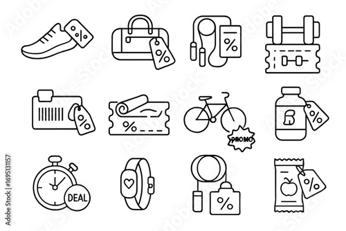 Fitness Coupons Icons. Line style icons of fitness coupons: running shoes with tag, workout bag and discount icon, jump rope with