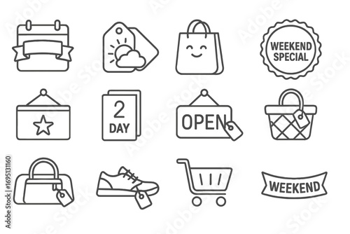 Weekend Deals Icons. Line style icons of weekend deals: calendar with weekend ribbon, sun and cloud tag, relaxed shopping bag,