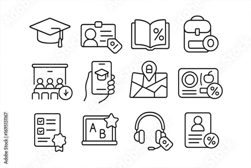 Student Discount Icons. Line style icons of student deals: graduation hat with label, ID card with promo, open book with percent,
