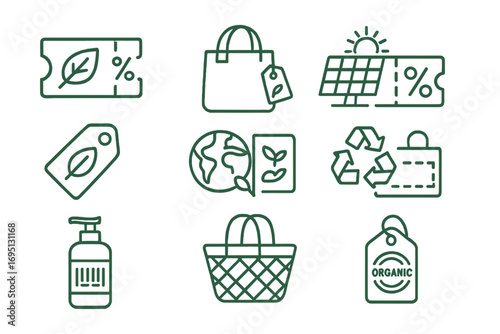 Eco-Friendly Coupon Icons. Line style icons of eco-friendly coupons: leaf and percent icon, reusable bag with tag, solar panel