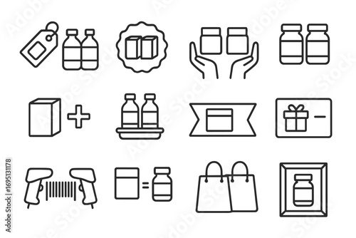 BOGO Line Icons. Line style icons of buy-one-get-one deals: two items with tag, “BOGO” badge, hands holding double pack, mirrored
