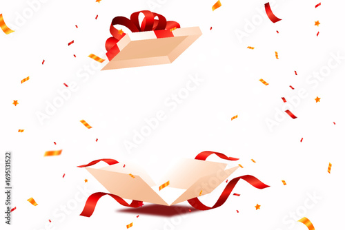 Empty red open gift box yellow ribbon, with discount voucher, coins and gifts. promotions, sales, special offers and e-commerce transactions. 3d vector