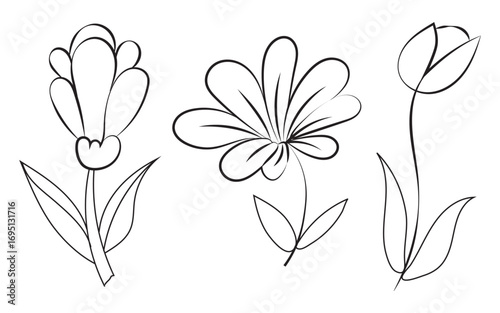 Three simple flower outlines on white page