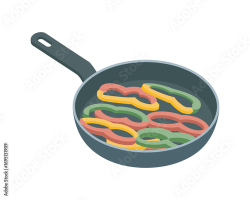 Sliced sweet peppers frying in a skillet, concept of healthy cooking and meal preparation, isolated vector 