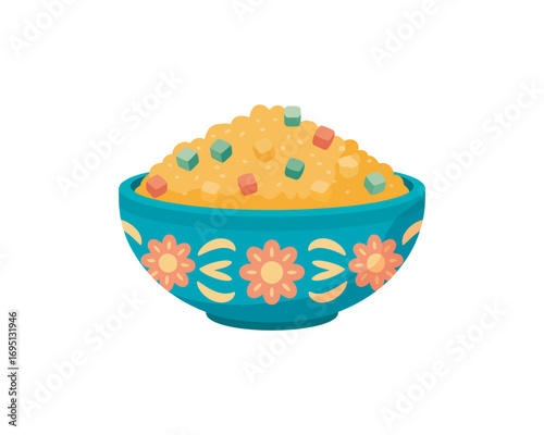 Vibrant and delectable illustration of a sweet dessert served in an ornate blue ceramic bowl, featuring colorful fruit pieces, perfect for cultural celebrations or festive occasions