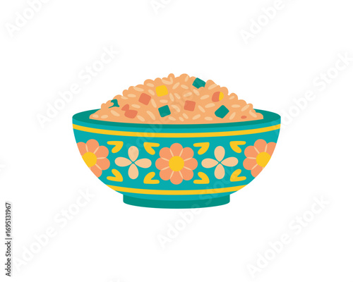 A colorful bowl of delicious fried rice with vegetables and meat, a perfect representation of Asian cuisine