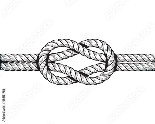 Monochrome vector illustration of a strong rope tied in a secure knot. A graphic symbol of connection, unity, and strength, isolated on a white background for design
