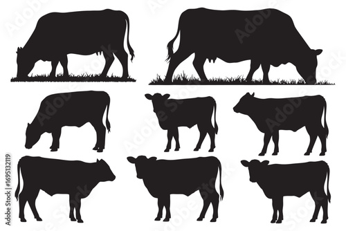 Silhouette Collection Cows and Calves Grazing - Vector EPS Illustration
