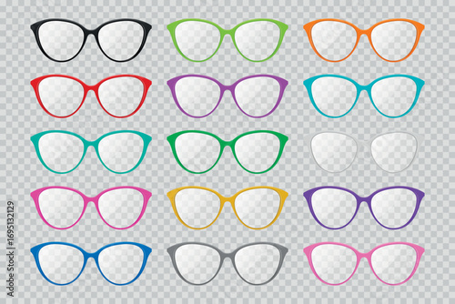 Vector Eyeglasses Frames Icon Set in Multiple Colors Cat Eye Shape Isolated. Fashion Glasses Collection, Optical Frame Design, Stylish Glasses Symbol, Eyewear