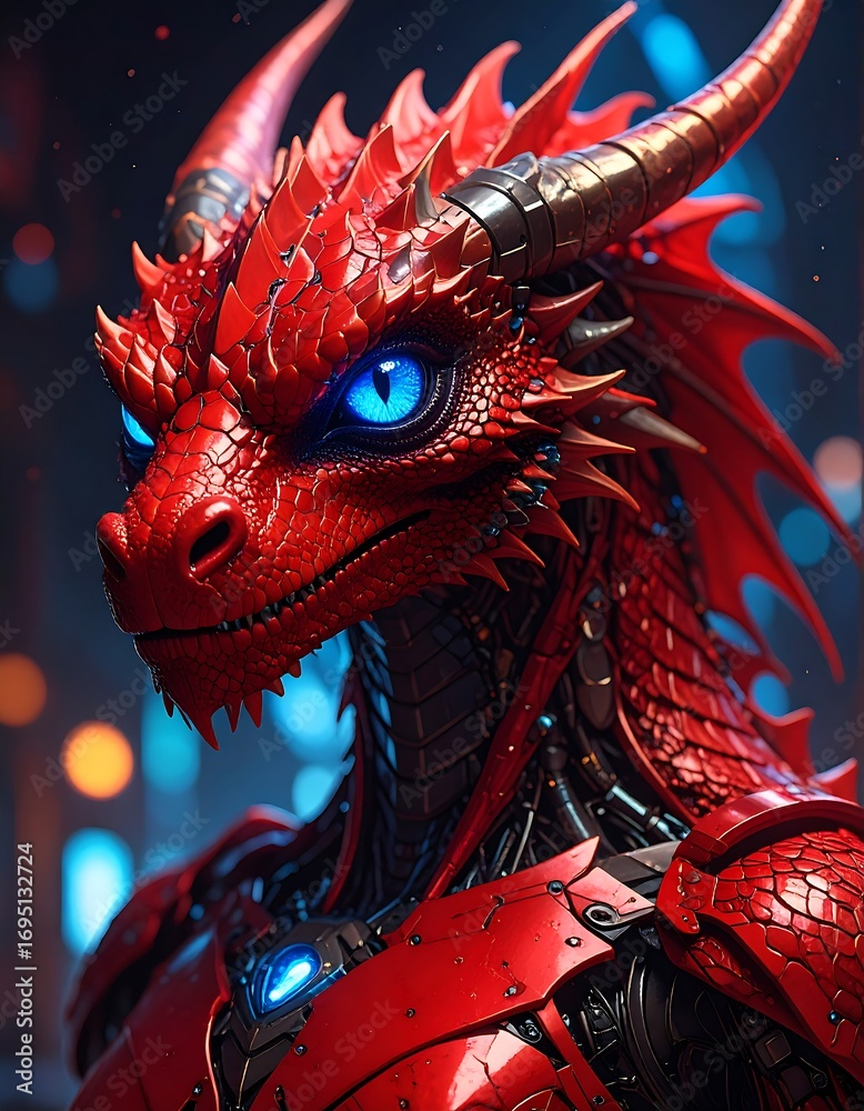 Naklejka premium A striking, close-up depiction of a magnificent red dragon, featuring intricate mechanical armor and vibrant blue eyes, set against a backdrop of glowing lights.