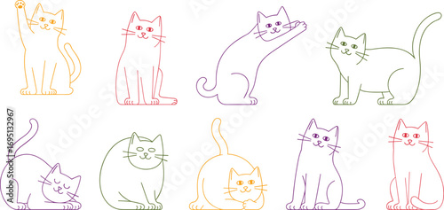 Flat vector illustration of colorful cats in playful poses, minimalistic line art style, cute feline pets, digital animal drawings for design projects