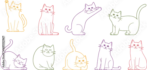Fototapeta Flat vector illustration of colorful cats in playful poses, minimalistic line art style, cute feline pets, digital animal drawings for design projects