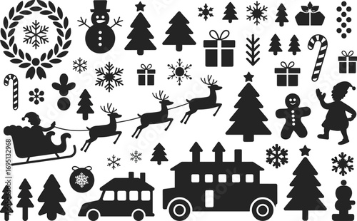 Christmas holiday icons, festive winter symbols, Santa sleigh with reindeer, snowflakes, gift boxes, Christmas trees, wreaths, gingerbread man, flat vector illustration