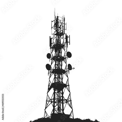 Communication Tower Silhouette with Antennas and Dishes Against a White Background