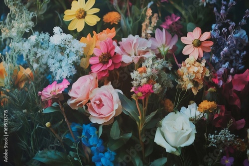 Close up of a vibrant bouquet featuring a mix of colorful flowers, creating a stunning display of floral beauty