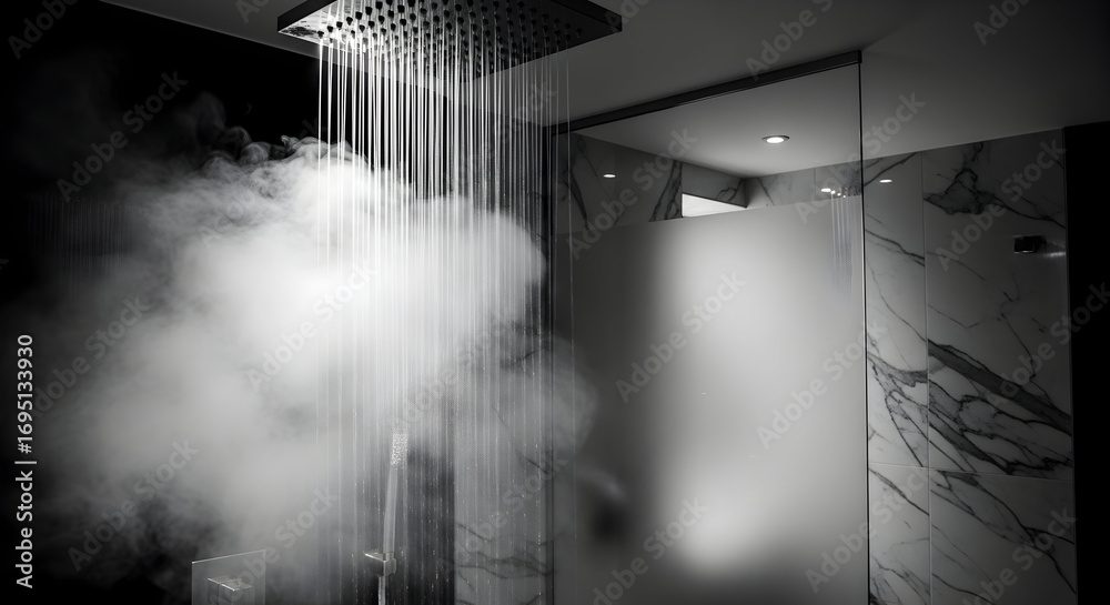 Obraz premium Luxury Bathroom Experience Featuring Flowing Water, Steam, And Modern Architectural Design