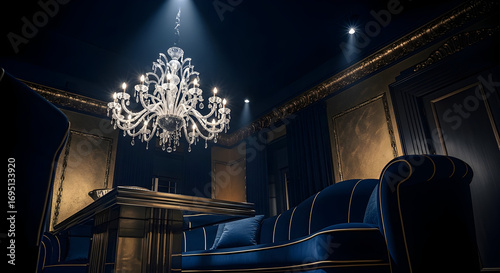 Luxurious interior with crystal chandelier and elegant blue sofa in a dark room