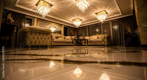 Luxurious Interior With Exquisite Chandeliers And Reflective Flooring For Opulent Living
