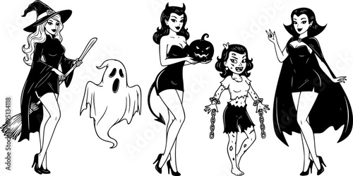 Halloween Pin-Up Vector Collection – Retro Witch, Devil Girl with Jack o Lantern, Vampire Beauty, Spooky Vintage Character Set