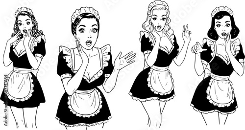 set of Vintage Surprised Maid Pin-Up Vector Set – Housekeeper Series with Shocked Faces and Playful Expressions