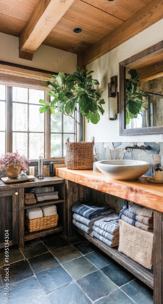 Fototapeta premium A rustic bathroom boasts a wooden countertop, slate flooring, and a large potted plant, creating a serene and inviting atmosphere.
