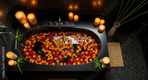 Luxury Bathroom Relaxation: Bathtub with Rose Petals, Candles, and Spa Ambiance