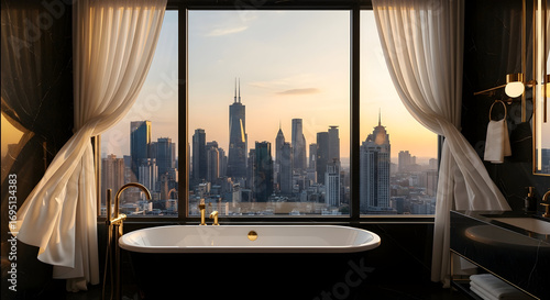 Luxury bathroom with a cityscape view during sunset or sunrise, opulent design